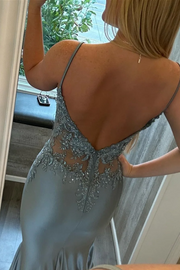 Spaghetti Straps Mermaid Appliques V-Neck Pleated Prom Dress