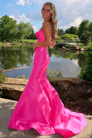 Hot Pink Strapless Mermaid Keyhole Satin Pleated Long Prom Dress