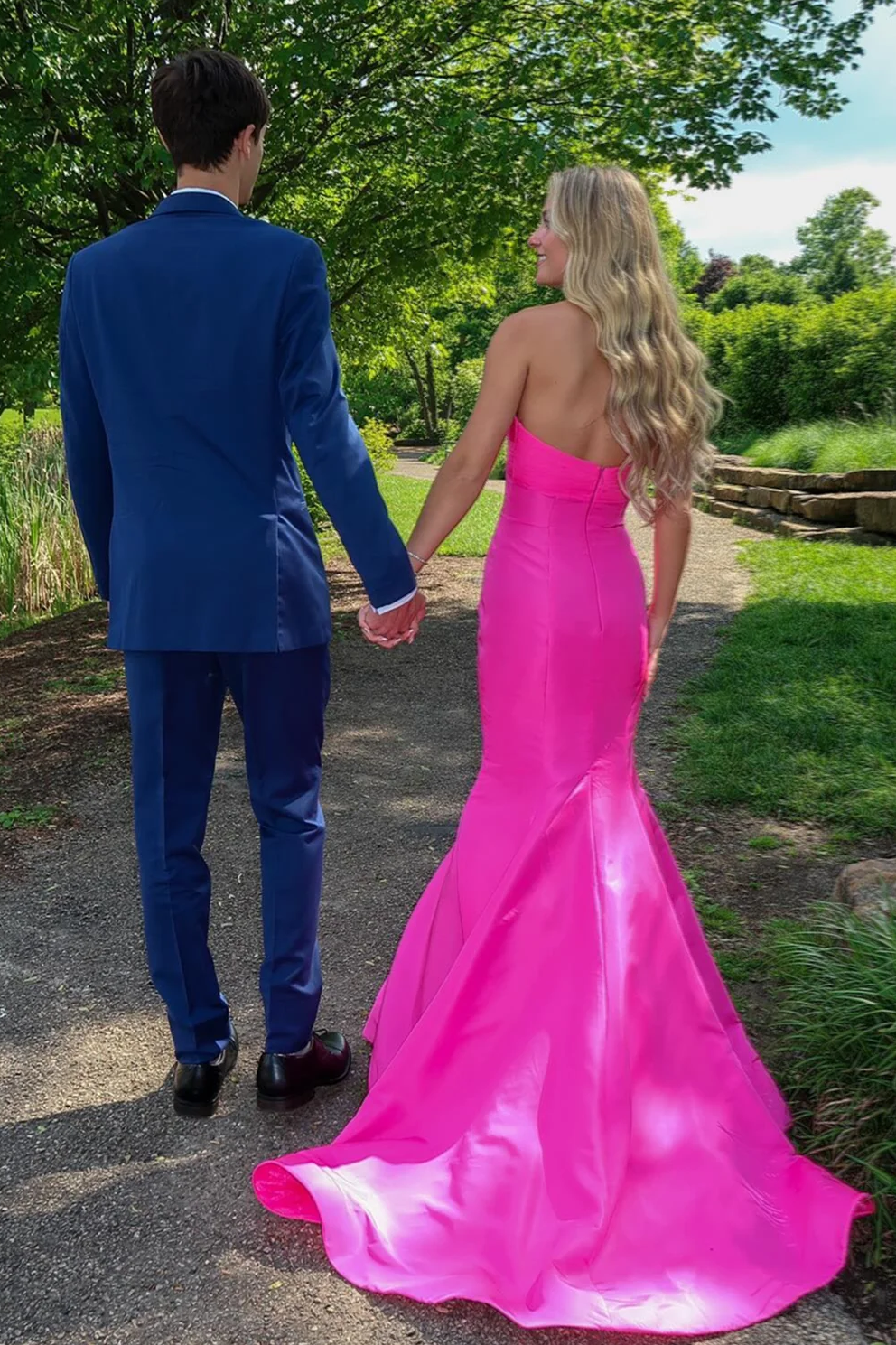 Hot Pink Strapless Mermaid Keyhole Satin Pleated Long Prom Dress