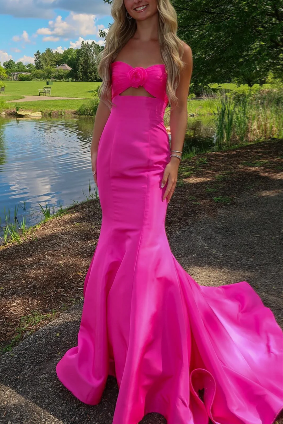 Hot Pink Strapless Mermaid Keyhole Satin Pleated Long Prom Dress