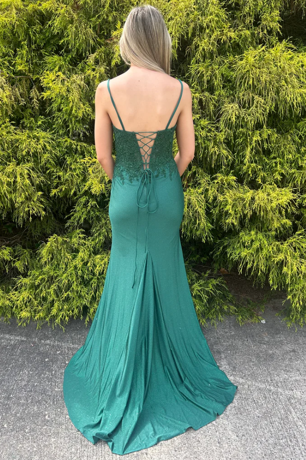 Mermaid Spaghetti Straps V-Neck Appliques Long Prom Dress with Slit