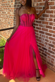 A-Line Strapless Beads Empire-Waist Sleeveless Prom Dress with Slit