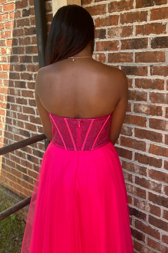 A-Line Strapless Beads Empire-Waist Sleeveless Prom Dress with Slit