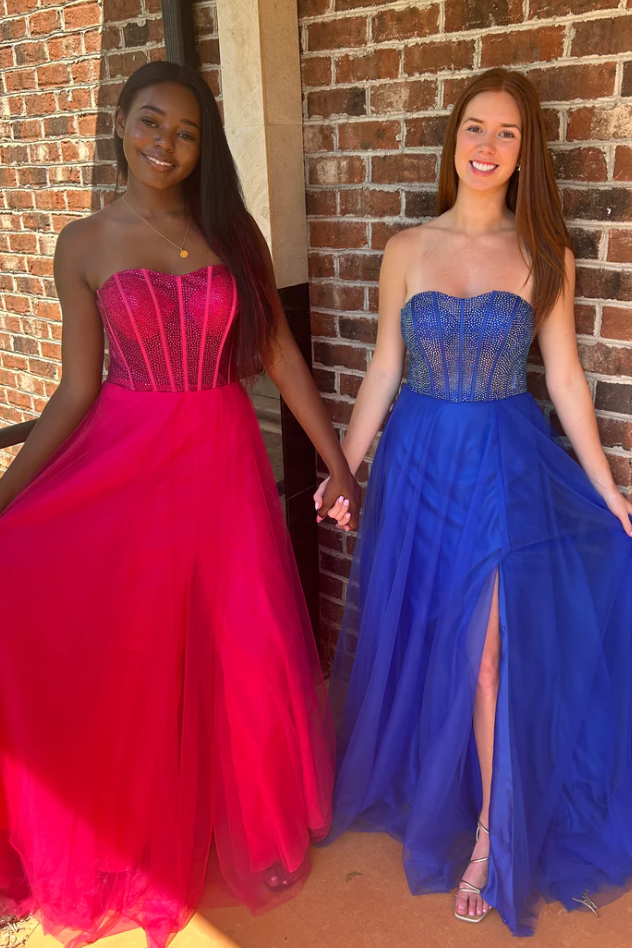 A-Line Strapless Beads Empire-Waist Sleeveless Prom Dress with Slit