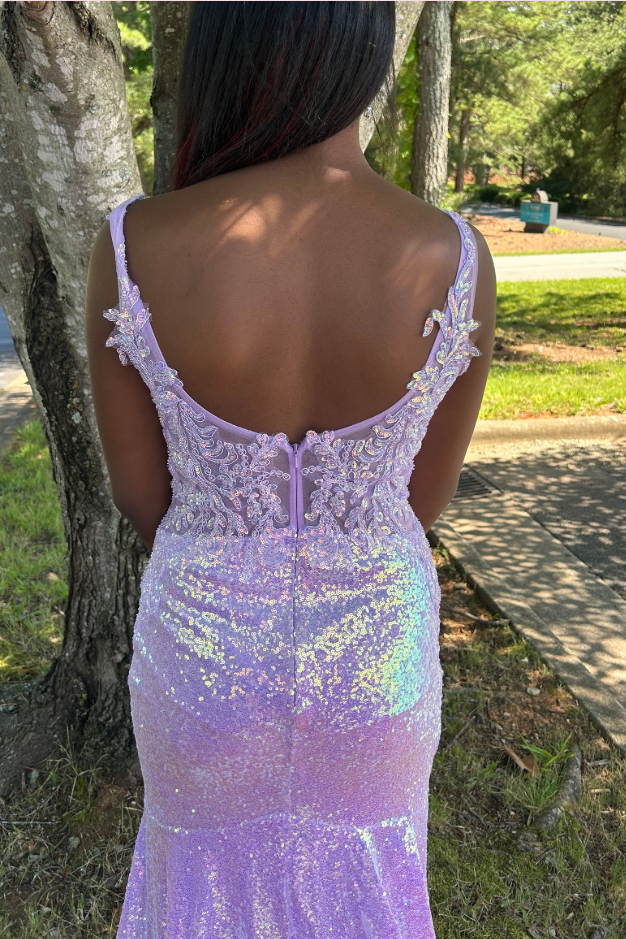 Lilac Mermaid V-Neck Sparkly Appliques Prom Dress with Train