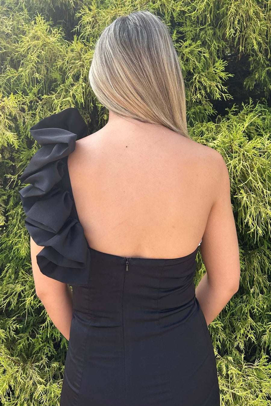 Black One Shoulder Mermaid Pleated Side Slit Formal Prom Dress