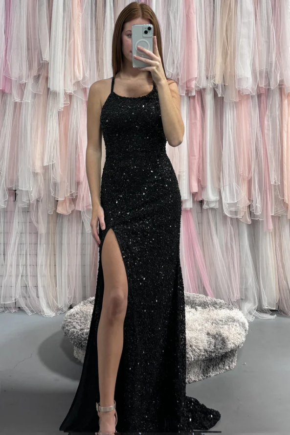 Black Sequined Mermaid Scoop Neck Sleeveless Long Prom Dress with Slit