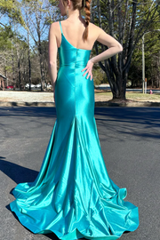 One Shoulder Mermaid Sleeveless Satin Pleated Long Prom Dress with Slit