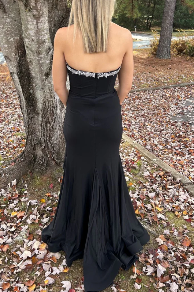 Black Strapless Sweetheart Beads Mermaid Prom Dress with Slit