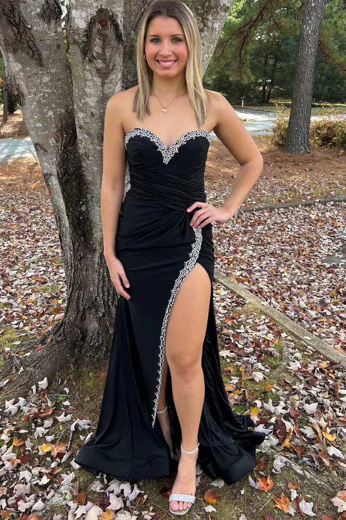 Black Strapless Sweetheart Beads Mermaid Prom Dress with Slit