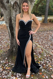 Black Strapless Sweetheart Beads Mermaid Prom Dress with Slit