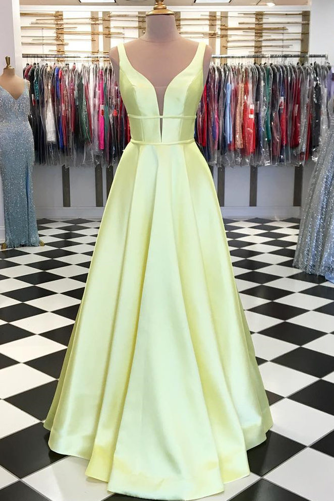 A-Line Straps V-Neck Sleeveless Pleated Satin Formal Prom Dress