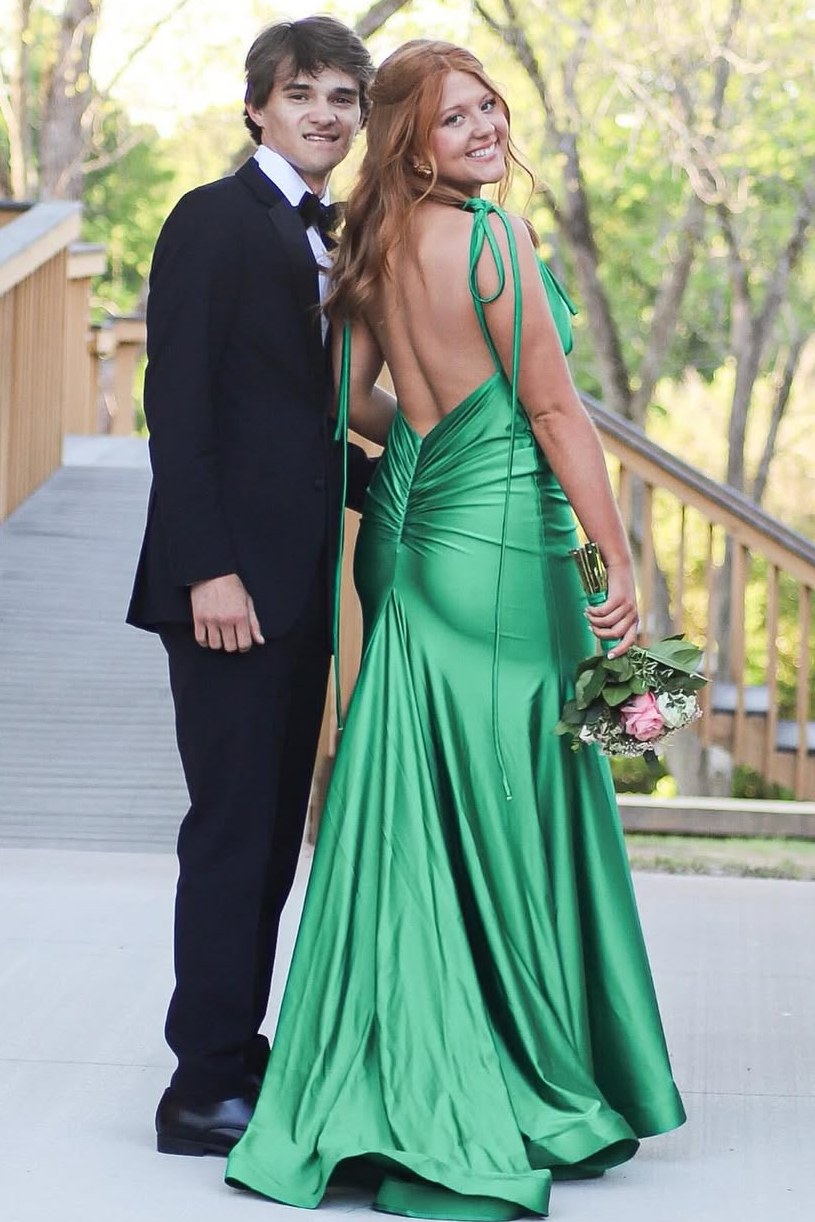 Mermaid Deep V-Neck Sleeveless Pleated Satin Long Formal Prom Dress