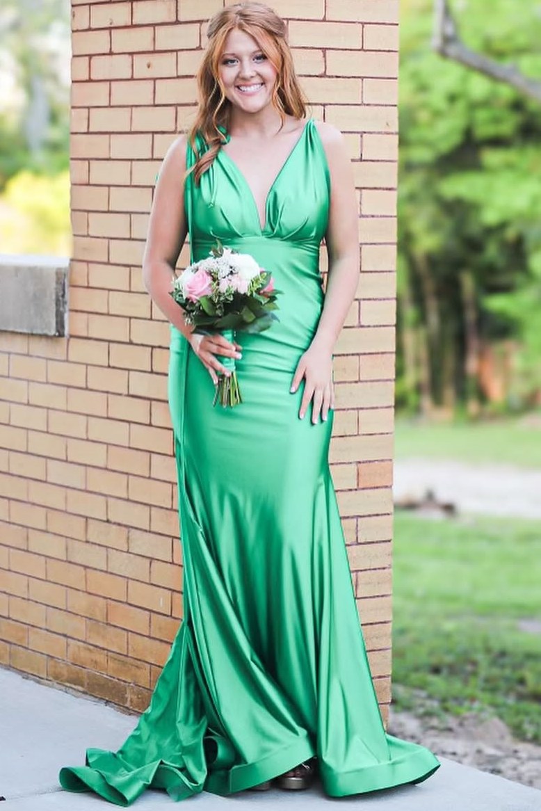 Mermaid Deep V-Neck Sleeveless Pleated Satin Long Formal Prom Dress