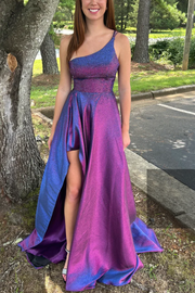 One Shoulder A-Line Rhinestone High Slit Sleeveless Long Prom Dress