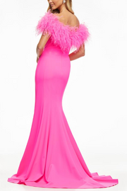 Mermaid Plunging V-Neck Feathers Long Formal Prom Dress with Slit