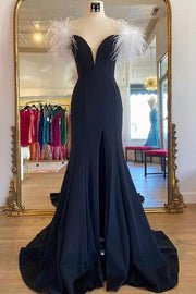 Mermaid Plunging V-Neck Feathers Long Formal Prom Dress with Slit