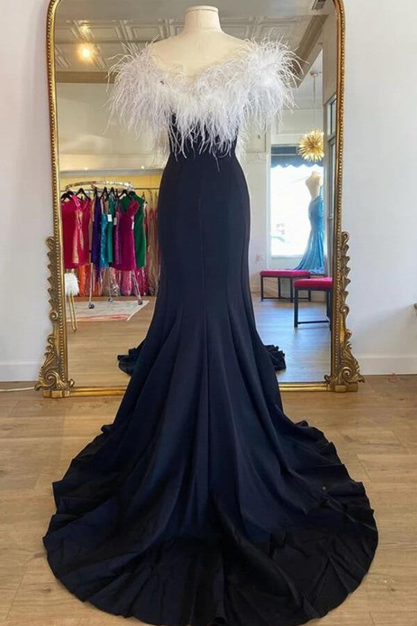 Mermaid Plunging V-Neck Feathers Long Formal Prom Dress with Slit