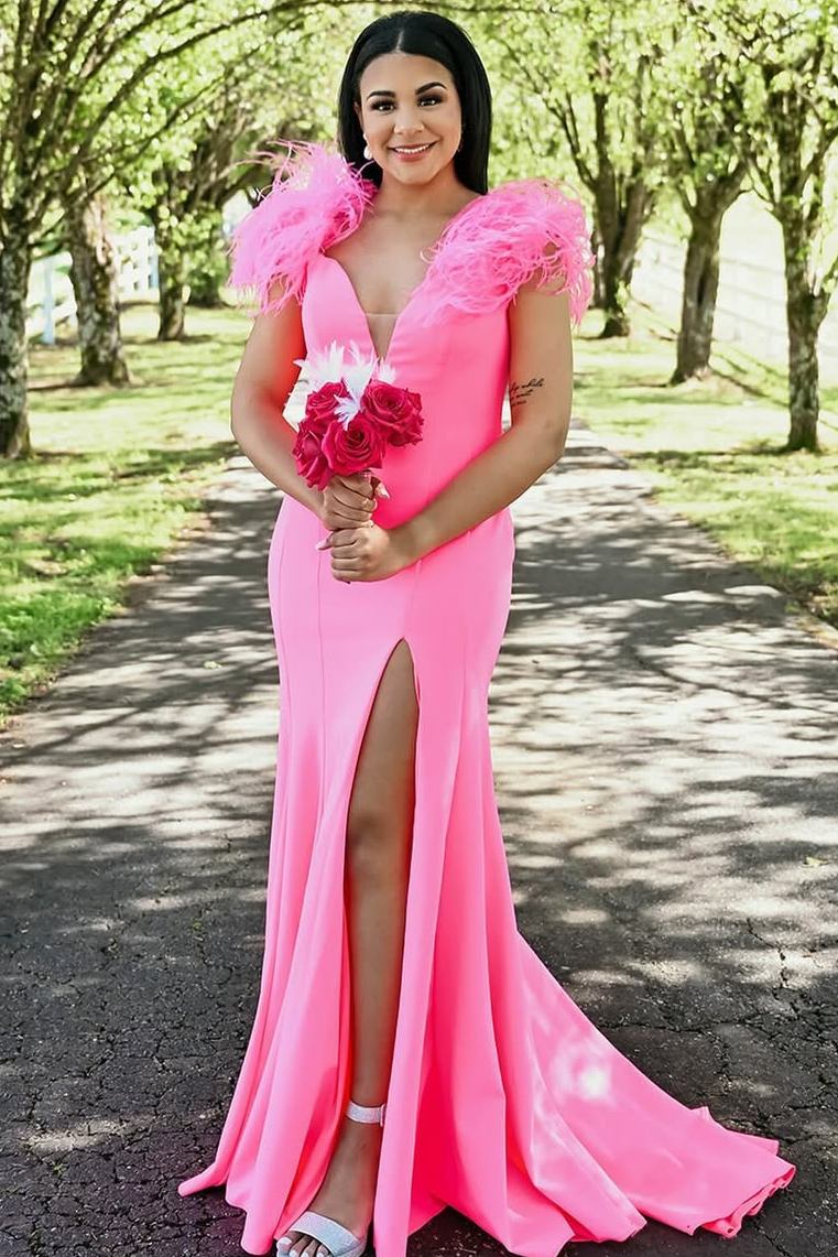 Mermaid Plunging V-Neck Feathers Long Formal Prom Dress with Slit