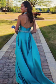 High Neck A-Line Empire-Waist Beads Sleeveless Formal Prom Dress