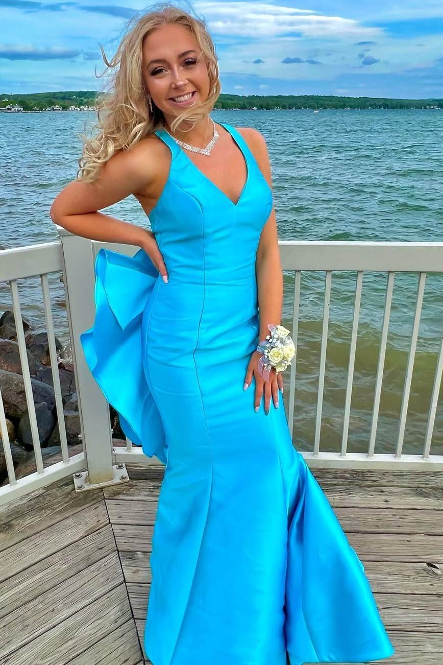 Blue Mermaid V-Neck Satin Pleated Formal Prom Dress with Big Bow