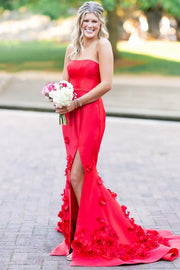 Pink Strapless Mermaid Sleeveless Appliques Long Formal Prom Dress