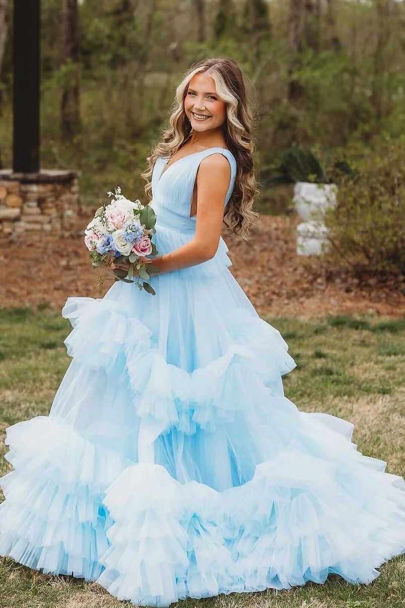 Blue A-Line V-Neck Straps Layered Tulle Long Formal Prom Dress