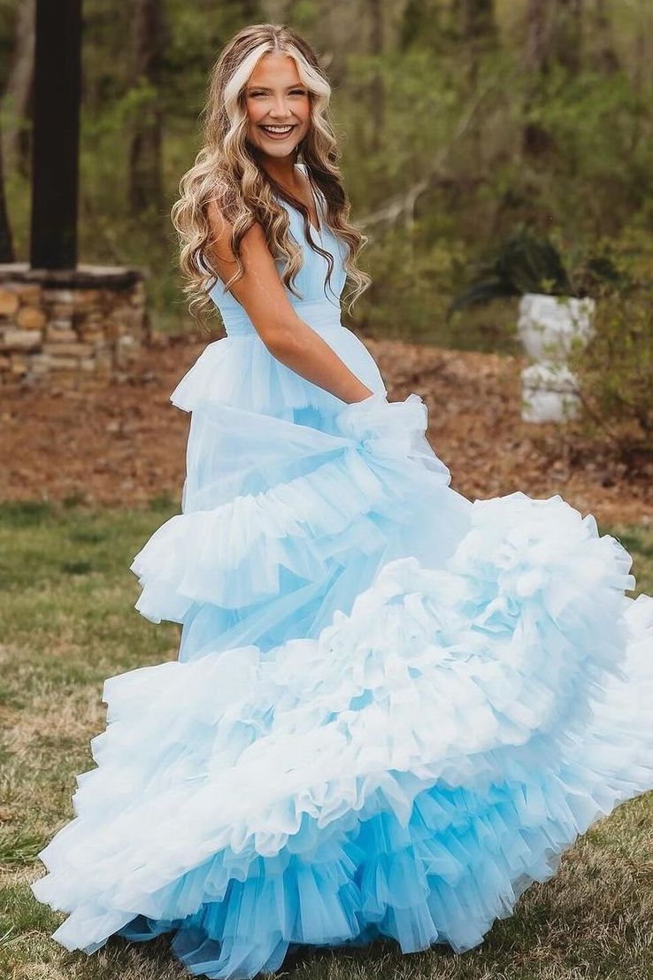 Blue A-Line V-Neck Straps Layered Tulle Long Formal Prom Dress