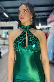 Green High Neck Mirror-Cut Sequins Mermaid Prom Dress with Slit