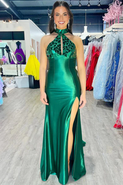 Green High Neck Mirror-Cut Sequins Mermaid Prom Dress with Slit