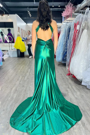 Green High Neck Mirror-Cut Sequins Mermaid Prom Dress with Slit