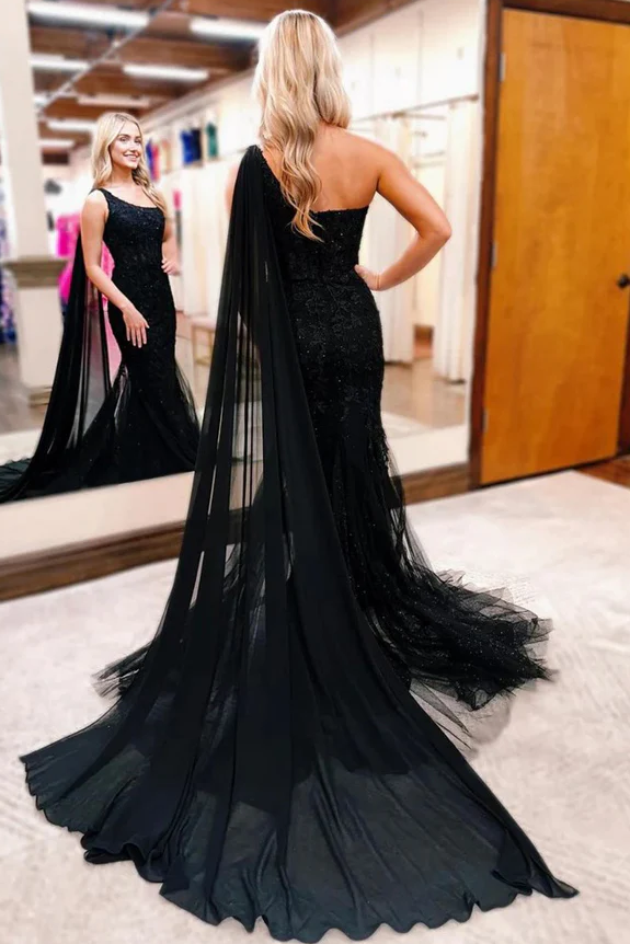 black one shoulder lace dress ZAPAKA Women Black Long Mother of the Bride Dress Mermaid One Shoulder Lace Wedding Guest Dress with Side Shoulder Cape, Black / US10