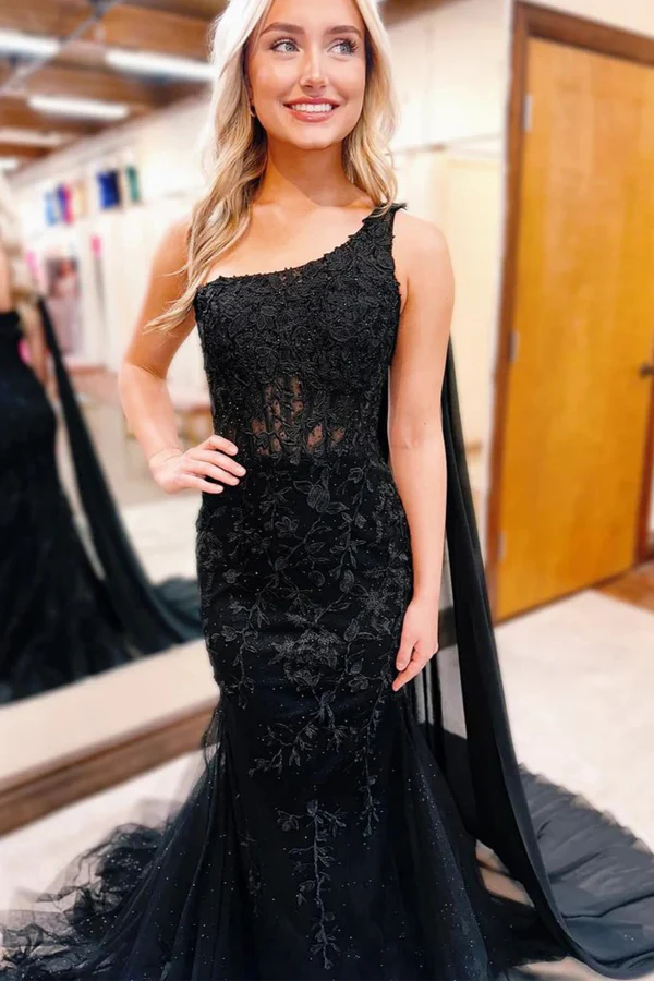 Black One Shoulder Lace Appliques Mermaid Sleeveless Long Prom Dress Modsele Black One Shoulder Lace Appliques Mermaid Sleeveless Long Prom Dress Modsele