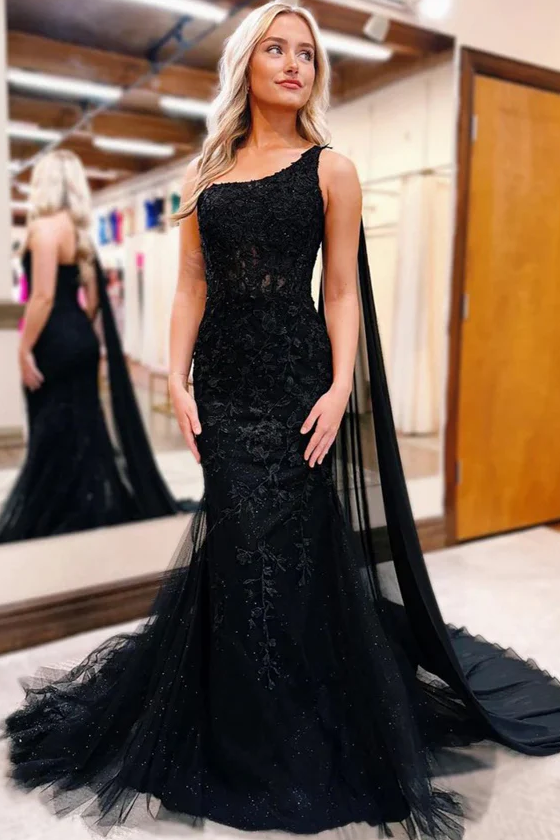 Black One Shoulder Lace Appliques Mermaid Sleeveless Long Prom Dress Modsele Black One Shoulder Lace Appliques Mermaid Sleeveless Long Prom Dress Modsele