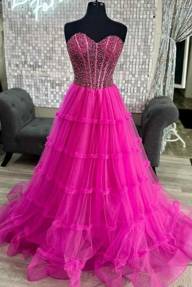 A-Line Strapless Beads Sweetheart Ruffles Tulle Long Prom Dress