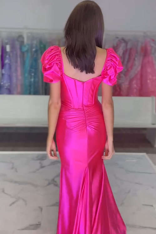 Mermaid V-Neck Short Sleeves Satin Pleated Long Prom Dress with Slit