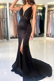 Mermaid Spaghetti Straps V-Neck Appliques Long Prom Formal Dress