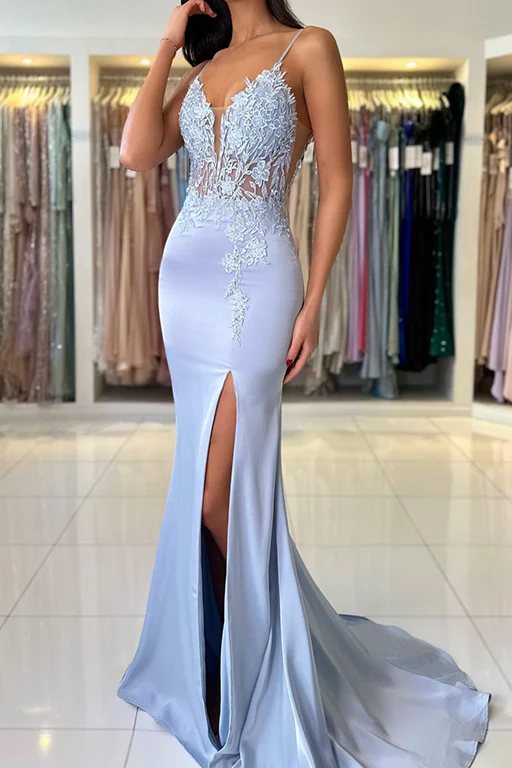 Mermaid Spaghetti Straps V-Neck Appliques Long Prom Formal Dress