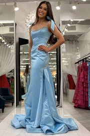 Blue Straps Mermaid Scoop Beads Pleated Long Formal Prom Dress