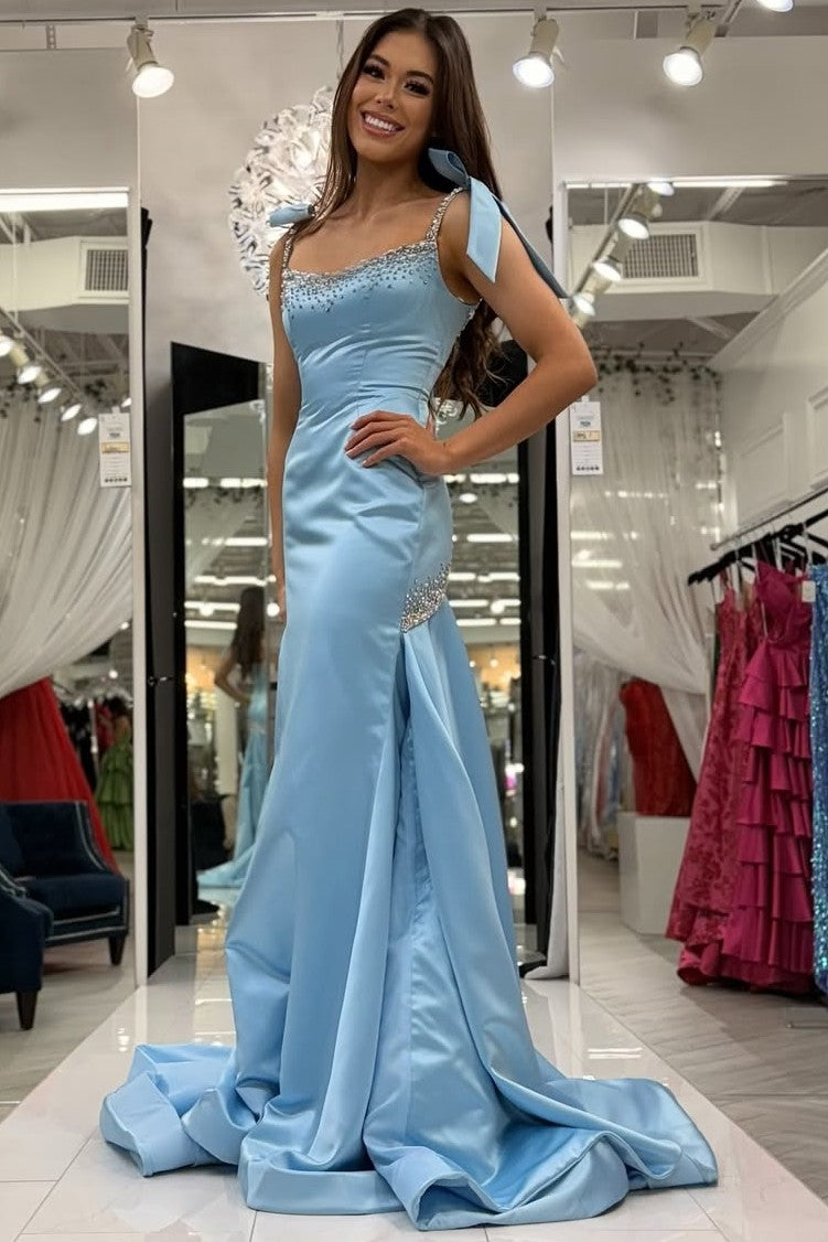 Blue Straps Mermaid Scoop Beads Pleated Long Formal Prom Dress