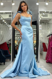 Blue Straps Mermaid Scoop Beads Pleated Long Formal Prom Dress