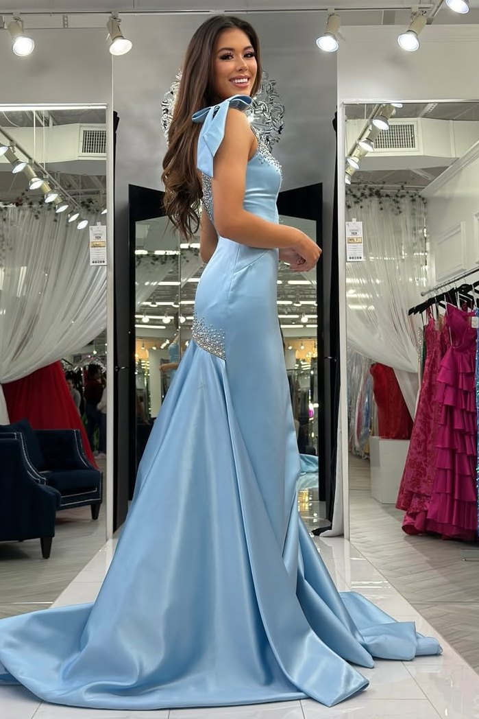 Blue Straps Mermaid Scoop Beads Pleated Long Formal Prom Dress