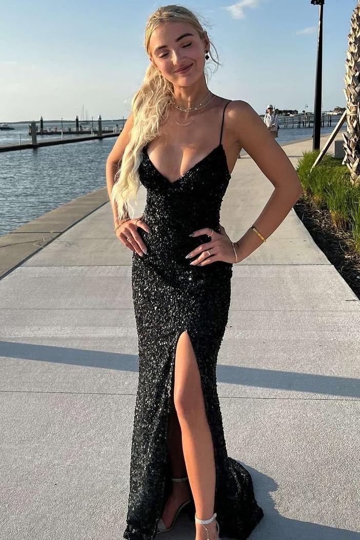 Black Spaghetti Straps V-Neck Sequined Mermaid Prom Dress with Slit