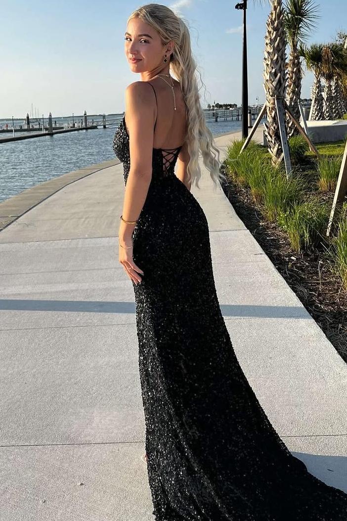 Black Spaghetti Straps V-Neck Sequined Mermaid Prom Dress with Slit