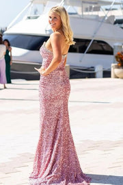 Strapless V-Neck Sequined Beads High Slit Mermaid Formal Prom Dress