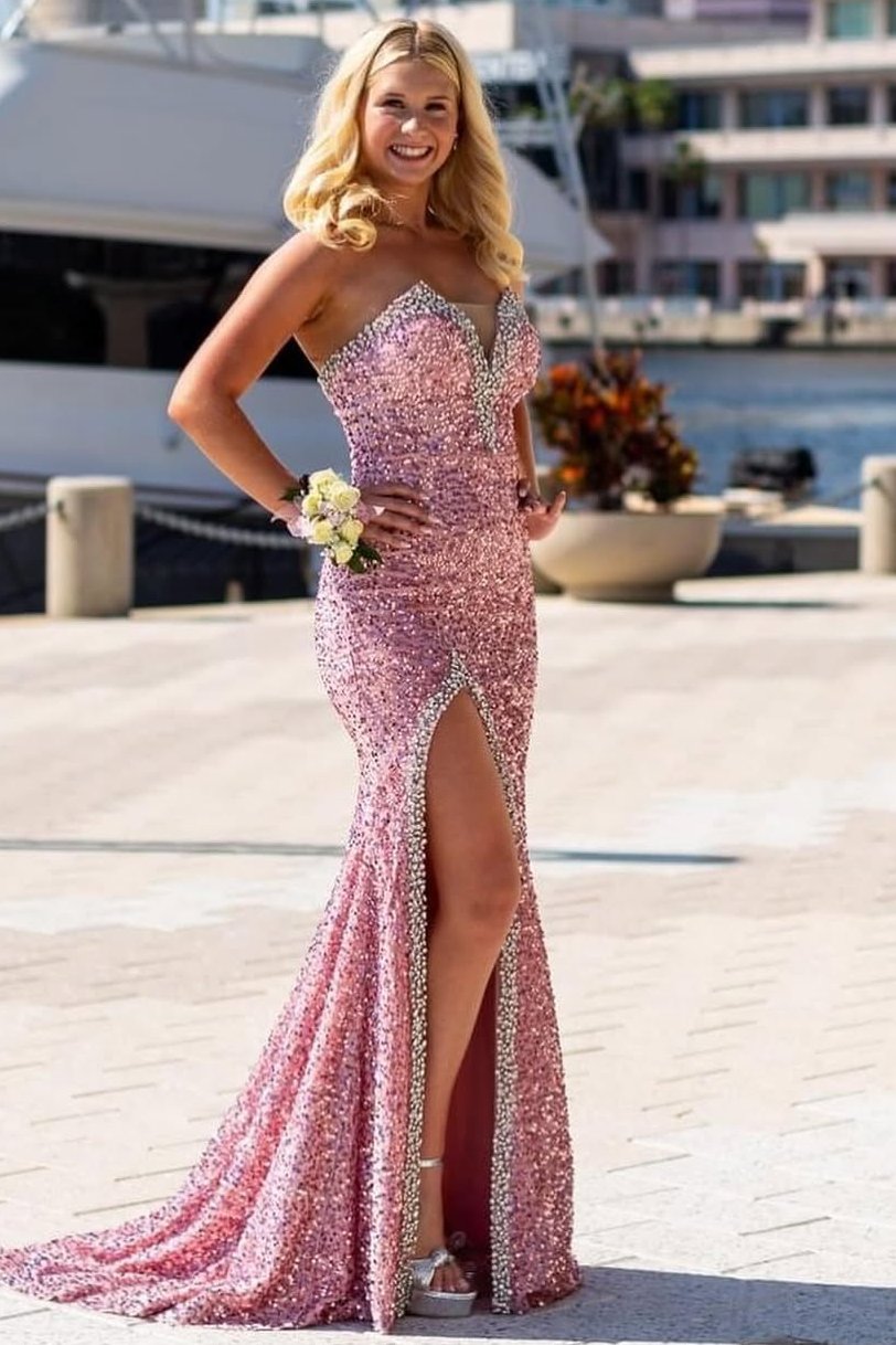 Strapless V-Neck Sequined Beads High Slit Mermaid Formal Prom Dress