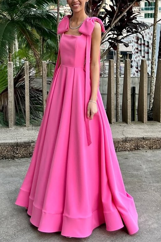 Pink Straps A-Line Satin Pleated Sleeveless Bows Long Prom Dress