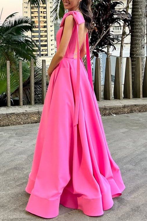 Pink Straps A-Line Satin Pleated Sleeveless Bows Long Prom Dress