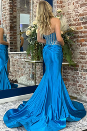 Mermaid Strapless V-Neck Beads Pleated Long Prom Dress with Slit