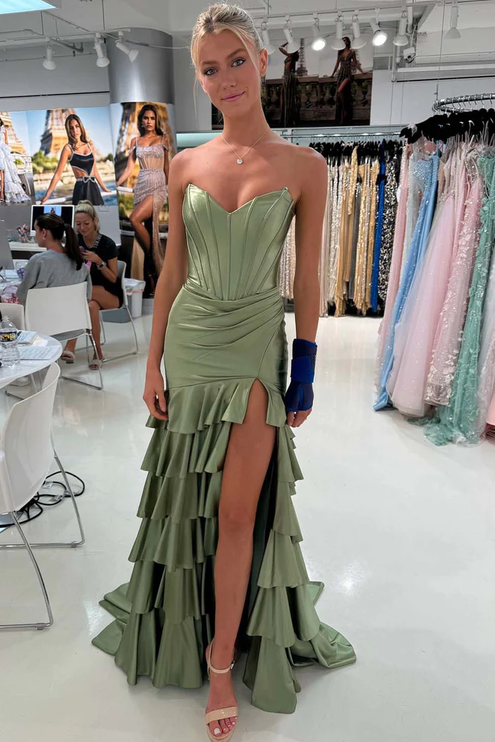 Strapless V-Neck Pleated Satin Layered Long Prom Dress with Slit